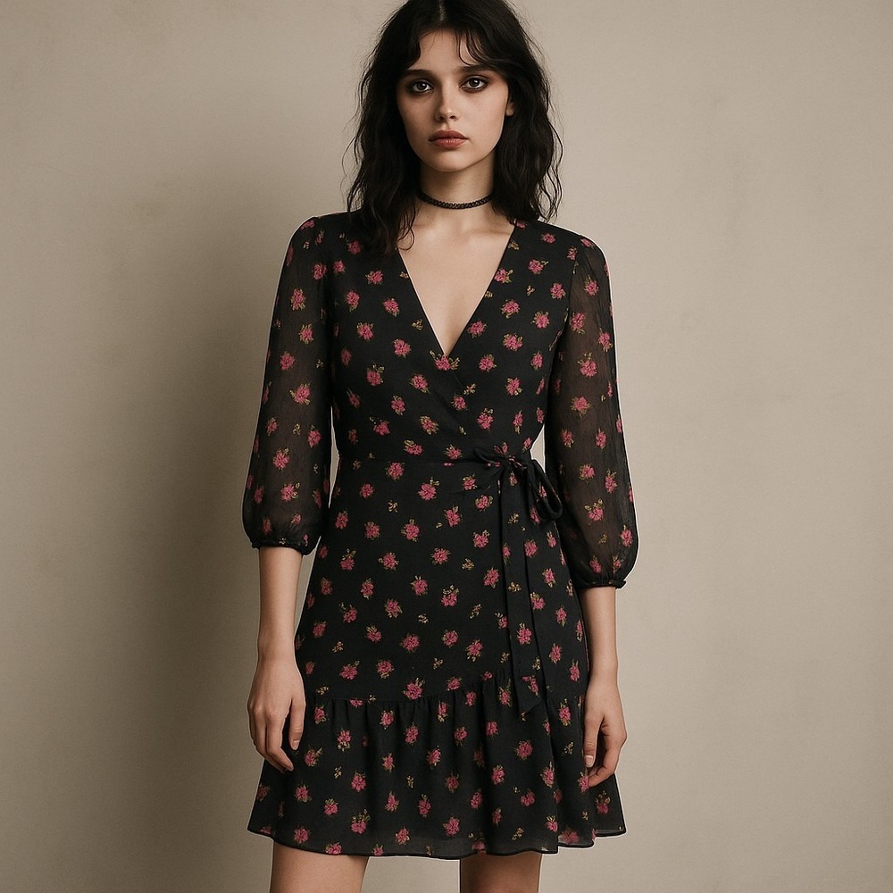 ALLSAINTS Black Floral Wrap‎ Mini Dress Small Romantic Grunge Cottagecore Fairy